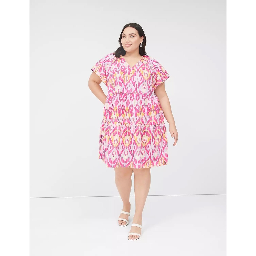 Lane Bryant V-Neck Tiered Easy Short Dress In Bright Pink Ikat Plus Size 14/16